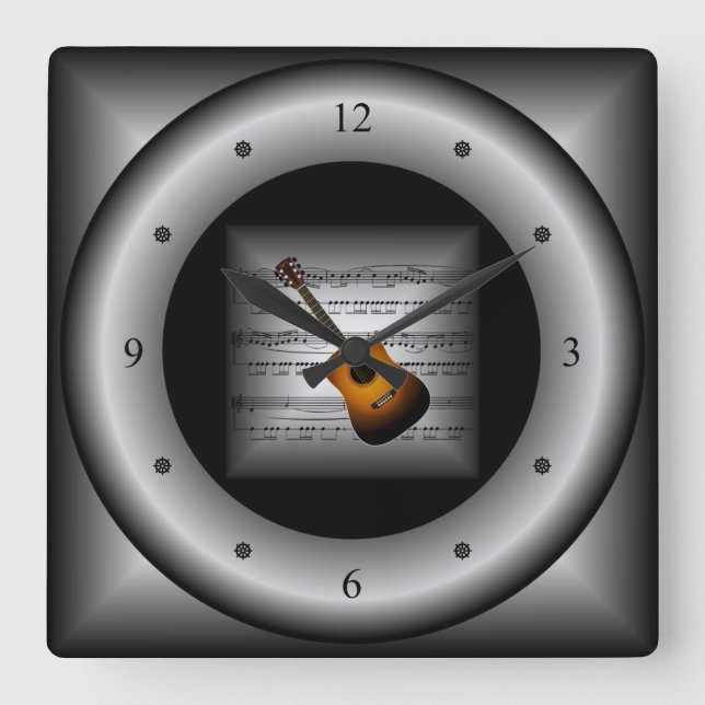 Guitar ~ 3D Sheet Music ~ Pillow Silver/Black Back Square Wall Clock (Front)