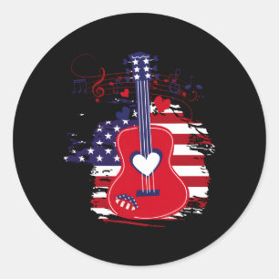Guitar 4Th Of July American Flag Usa Country Music Classic Round Sticker