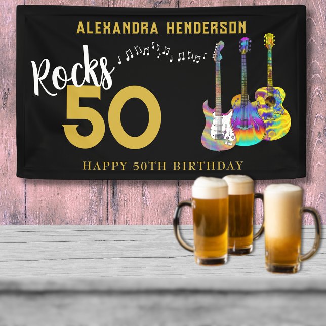 Guitar 50 Rocks 50th Birthday Party Banner (rocks 50 guitar black and gold custom 50th birthday party banner)