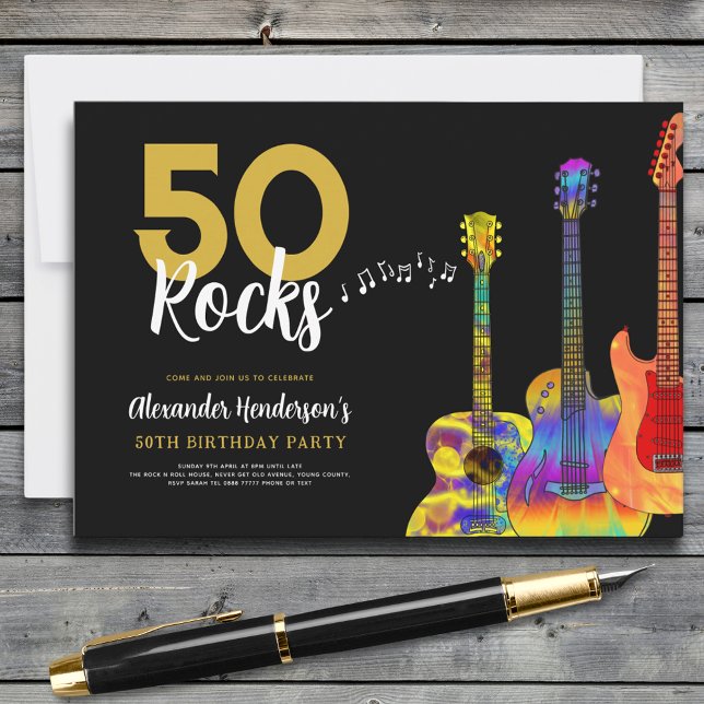 Guitar 50 rocks 50th birthday party  invitation (50 rocks cool guitar 50th birthday party invitation gold and black)