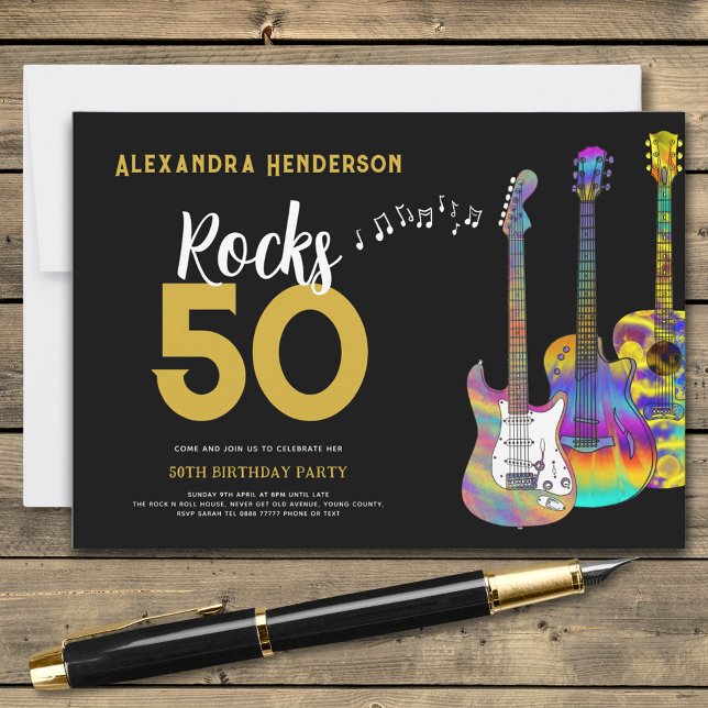 Guitar 50 rocks 50th birthday party  invitation (Rock and roll black and gold 50th birthday party invitation colorful funky guitars custom name rocks)