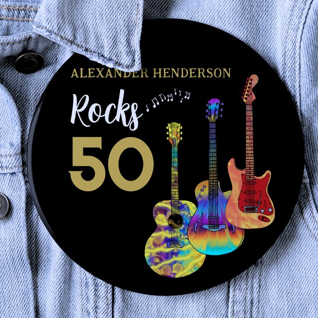 Guitar 50th Birthday Party 50 Rocks Custom  6 Cm Round Badge (Custom Rocks 50 cool black and gold 50th birthday button with funky psychedelic guitar illustrations)