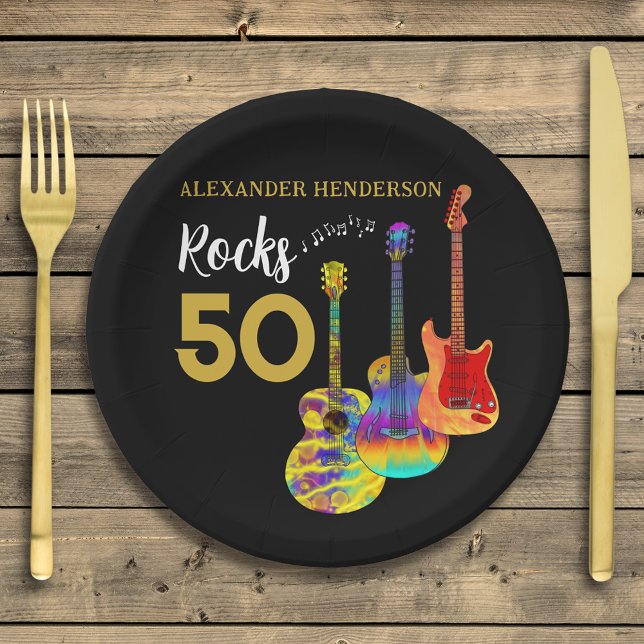 Guitar 50th birthday party 50 rocks paper plate (Rock and roll 50th birthday party paper plate personalized for him funky guitar gold and black)