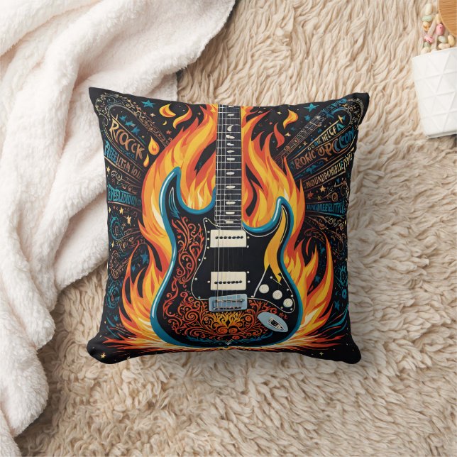 Guitar ablaze in a burst of fiery colours cushion (Blanket)