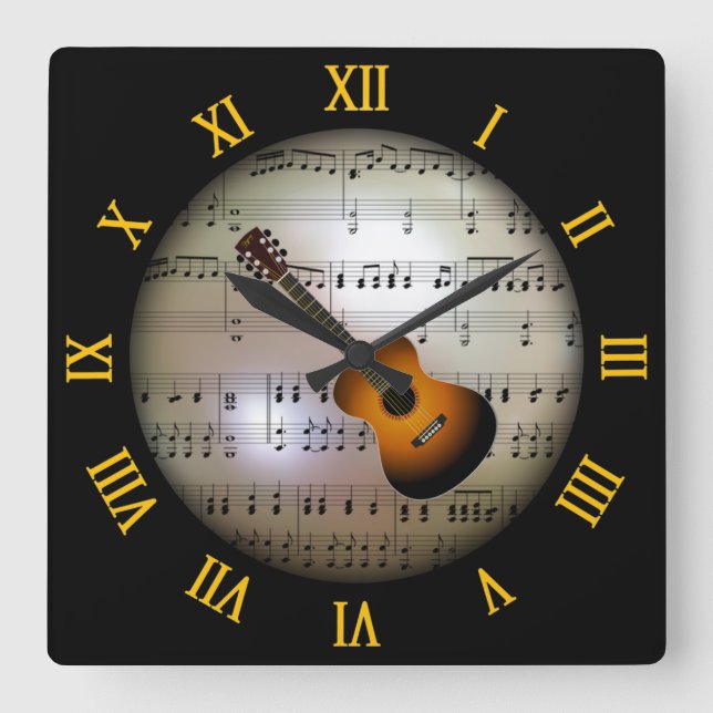 Guitar~ Background “The Musical Planet” * ~ Square Wall Clock (Front)