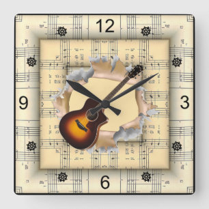 Guitar ~ Breaking Through Strange Sheet Music ~  Square Wall Clock