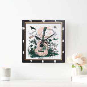 Guitar Butterflies Vintage Cassettes Square Wall Clock