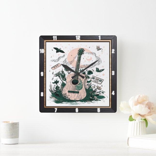 Guitar Butterflies Vintage Cassettes Square Wall Clock (Home)