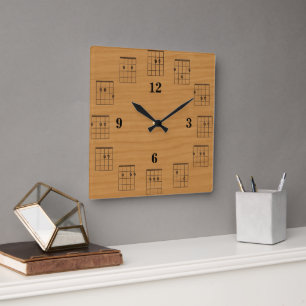 Guitar Chords Clock Face on Wood