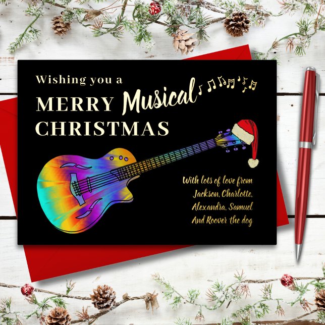 Guitar Christmas Personalised Gold Foil Holiday Card (Guitar merry musical Christmas black and gold foil custom holiday card)