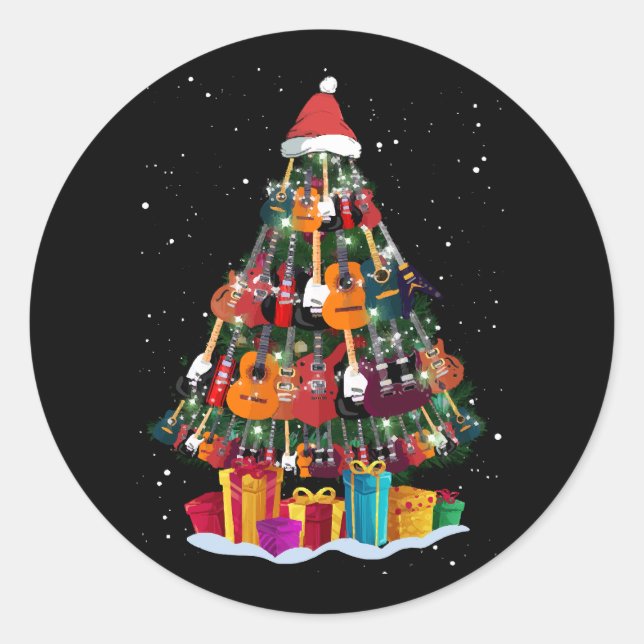 Guitar Christmas Tree Funny  Classic Round Sticker (Front)