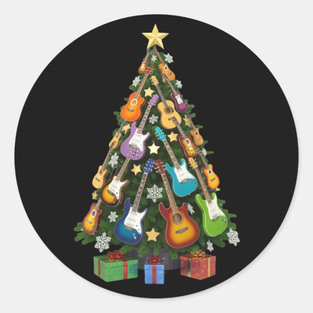 Guitar Christmas Tree Theater Musical Lover Merry  Classic Round Sticker (Front)