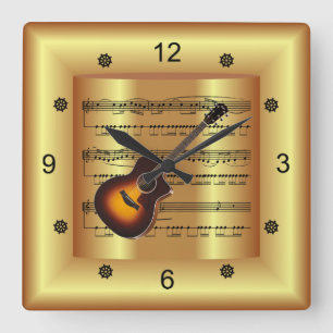 ~ Guitar ~ Curved Sheet Music ~ Gold Background ~ Square Wall Clock