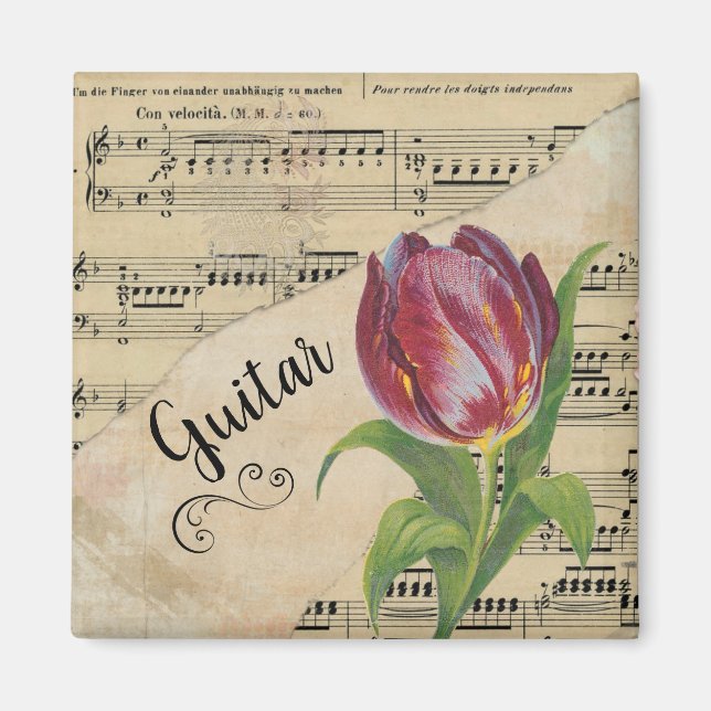 Guitar Elegant Tulip Vintage Sheet Music Magnet (Front)