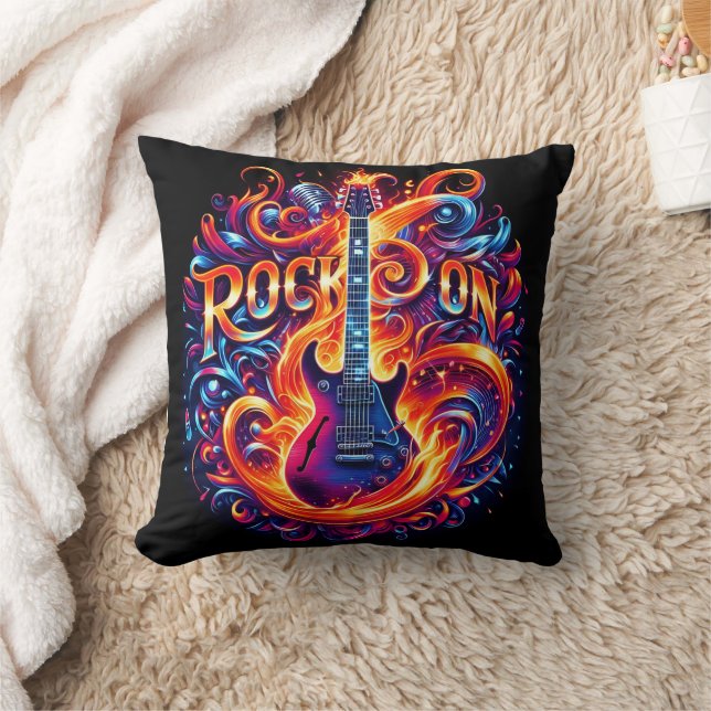 Guitar engulfed in vibrant night flames cushion (Blanket)