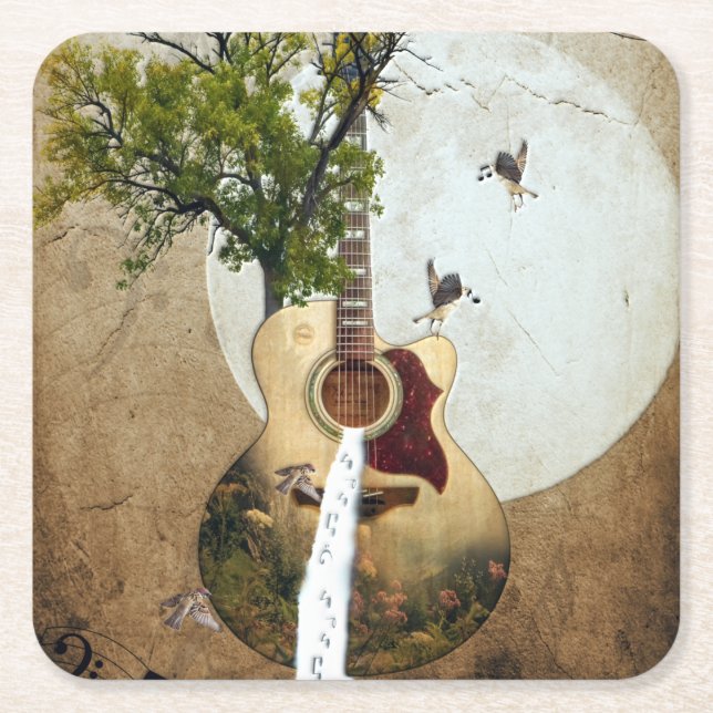 Guitar Fantasy Decorated Square Paper Coaster (Front)