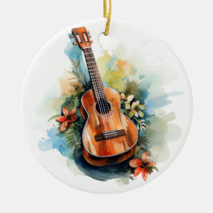 Guitar Flowers Music Watercolor Ceramic Ornament
