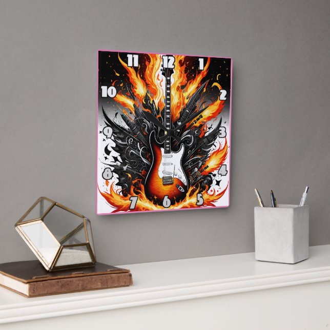 Guitar ignited by vibrant flames in dynamic art square wall clock (Office)