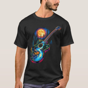 Guitar Lake Reflections Forest Pine Tree Moon Camp T-Shirt