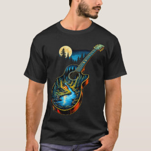 Guitar Lake Reflections Forest Pine Tree Moon Camp T-Shirt