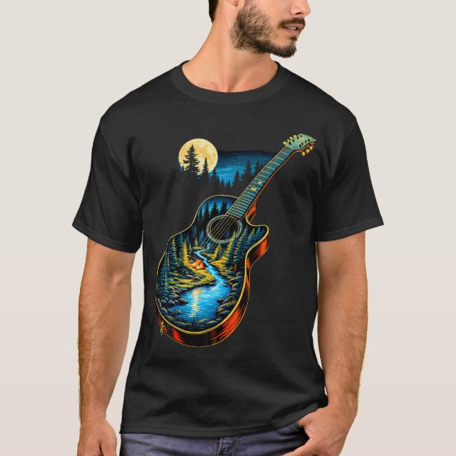 Guitar Lake Reflections Forest Pine Tree Moon Camp T-Shirt (Front)