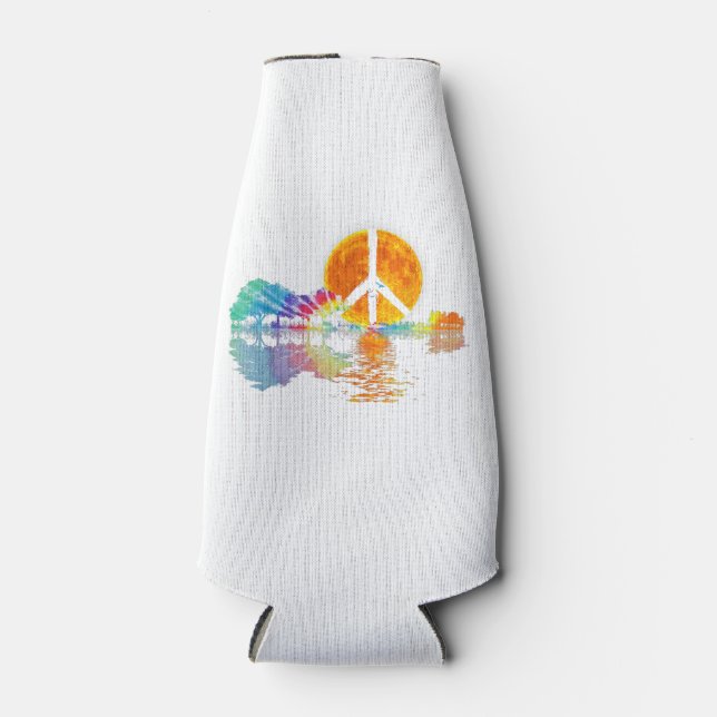 Guitar Lake Shadow Peace Love Guitar Hippie Bottle Cooler (Front)