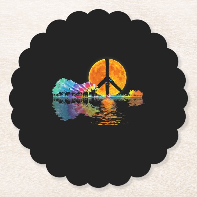 Guitar Lake Shadow Peace Love Guitar Hippie Paper Coaster (Front)