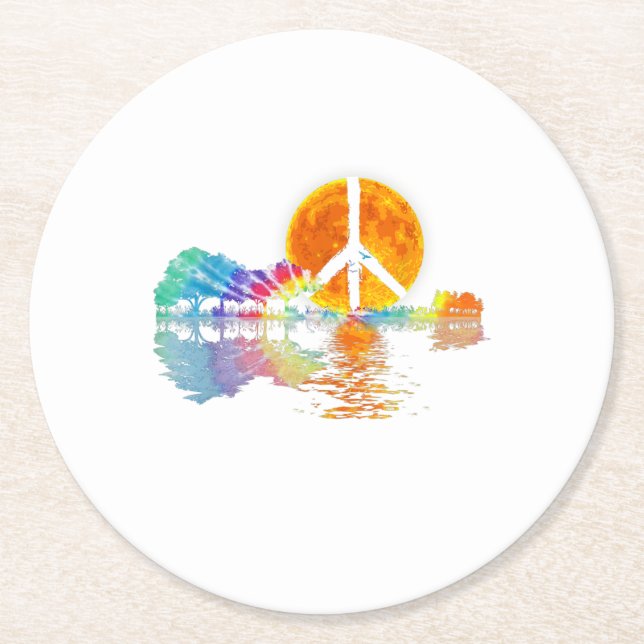 Guitar Lake Shadow Peace Love Guitar Hippie Round Paper Coaster (Front)
