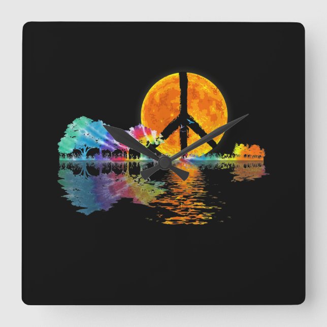 Guitar Lake Shadow Peace Love Guitar Hippie Square Wall Clock (Front)