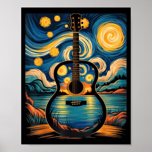 Guitar Lake Starry Night Music Guitarist Van Gogh  Poster (Front)
