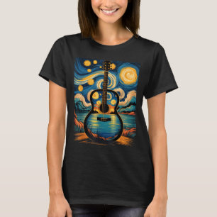 Guitar Lake Starry Night Music Guitarist Van Gogh  T-Shirt