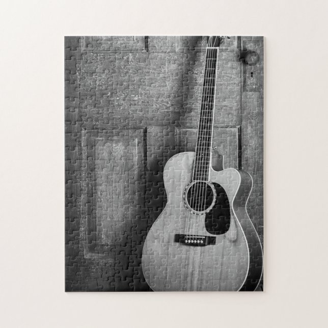 Guitar Leaning Against Door in Black and White Jigsaw Puzzle (Vertical)