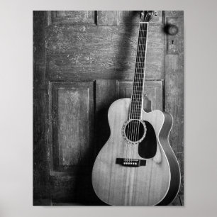 Guitar Leaning Against Door in Black and White Poster