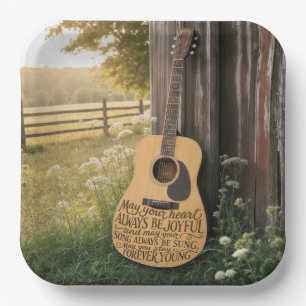 Guitar Leaning on a Barn with Quote Paper Plate