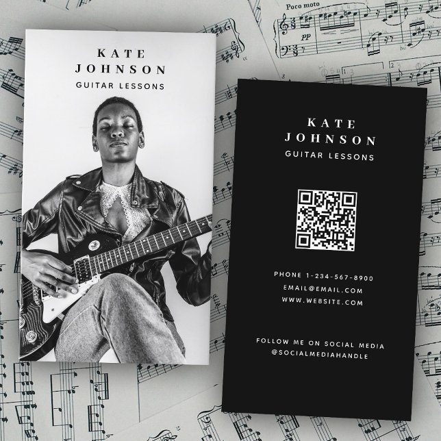 Guitar Lessons Musician Photo Social Media QR Code Business Card (Guitar Lessons Musician Photo Social Media QR Code Business Card)