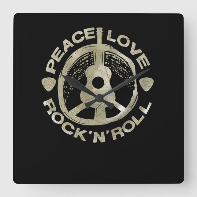 Guitar Lover | Peace Love Rock'N'Roll Square Wall Clock (Front)