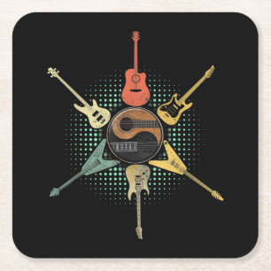 Guitar Lover Retro Style Gift For Guitarist Square Paper Coaster