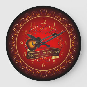 Guitar, Merry Christmas, Maroon & Black ~  Large Clock