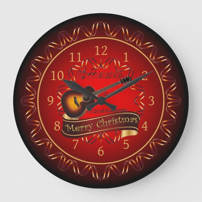 Guitar, Merry Christmas, Maroon & Black ~  Large Clock (Front)