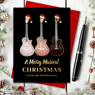 Guitar Merry Musical Christmas Black and Gold Foil Holiday Card