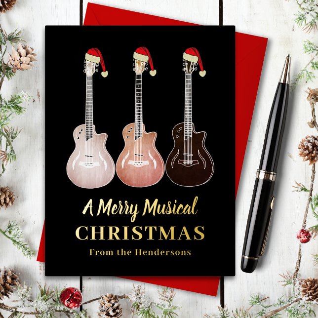 Guitar Merry Musical Christmas Black and Gold Foil Holiday Card (Merry musical Christmas guitars wearing Santa hats black and gold foil custom holiday greetings card)