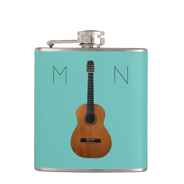 Guitar Music Monogram Trendy Teal Personalised Hip Flask (Front)