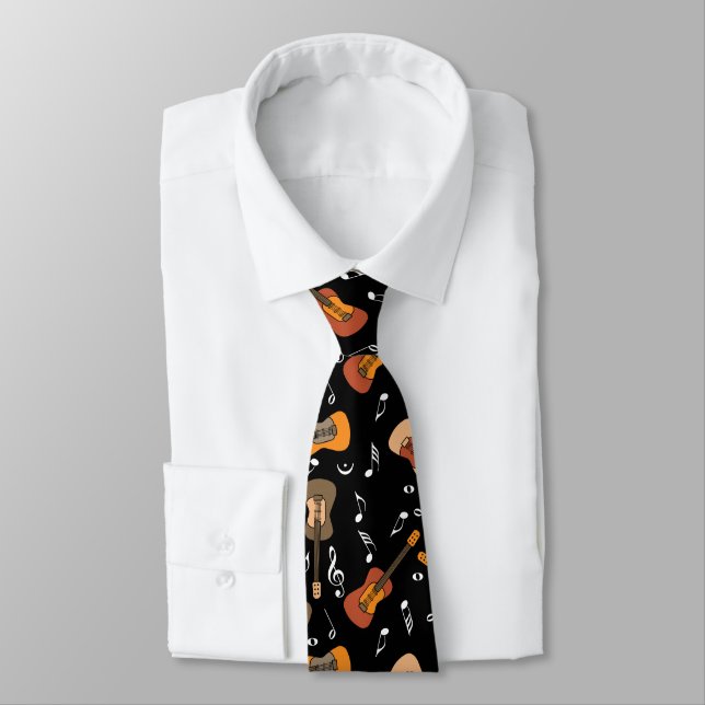 Guitar Music Notes Pattern Neck Tie (Tied)