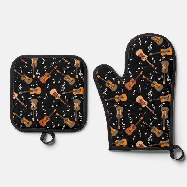 Guitar Music Notes Pattern Neck Tie Oven Mitt & Pot Holder Set (Front)