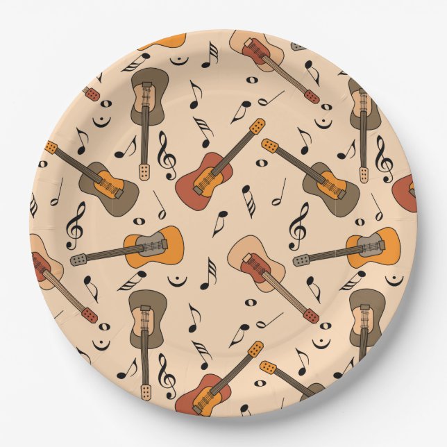 Guitar Music Notes Pattern Paper Plate (Front)