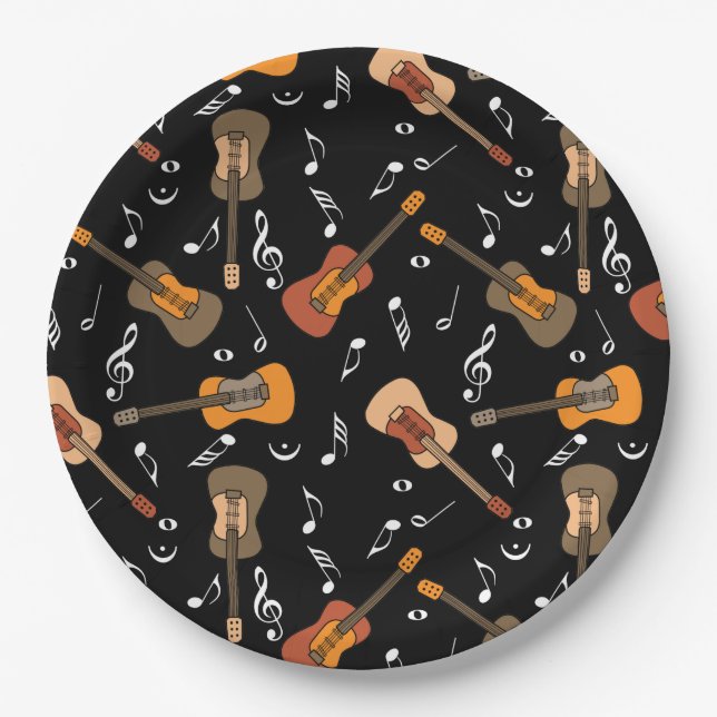 Guitar Music Notes Pattern Paper Plate (Front)