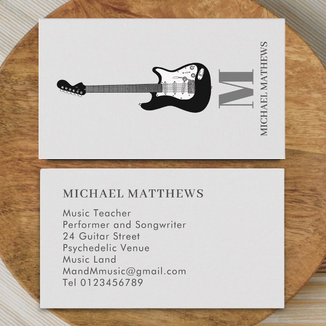 Guitar Music Teacher  Business Card (Modern Minimalist Guitar Music Teacher Musician Business card Monogram name initials electric guitar)