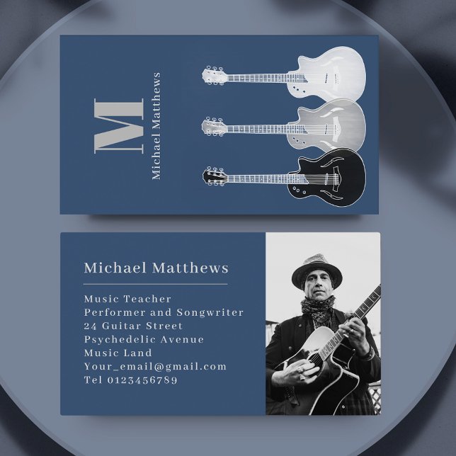 Guitar Music Teacher Custom Photo Business Card (Guitar musician teacher custom photo business card)