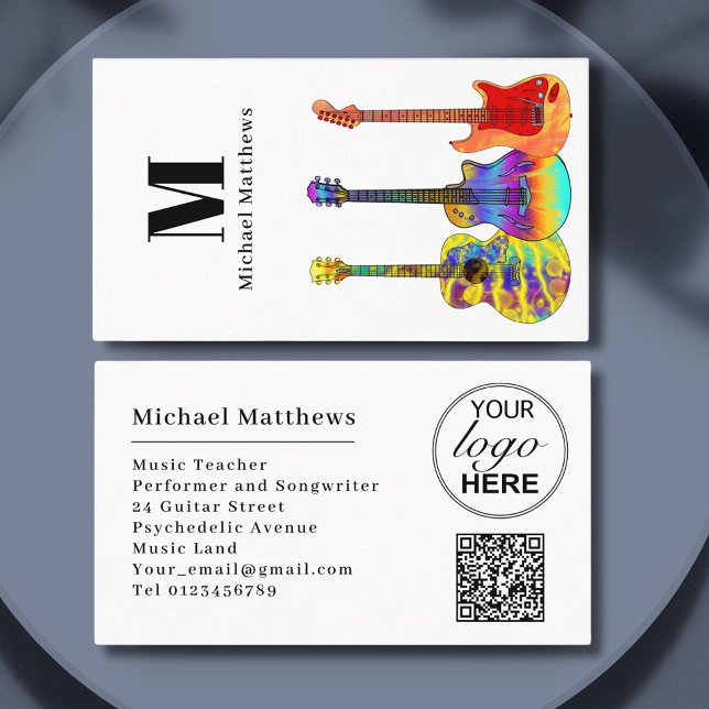Guitar Music Teacher Custom QR Code and Logo Business Card (Musician logo and qr code guitar teacher custom business card)