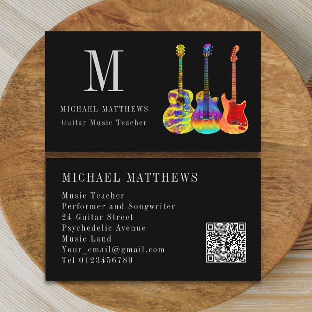 Guitar Music Teacher Custom QR Code Business Card (Stylish guitar teacher custom qr code business card)